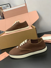 MIUMIU 26S LACE UP SNEAKERS IN DARK BROWN CANVAS RUBBER SOLE