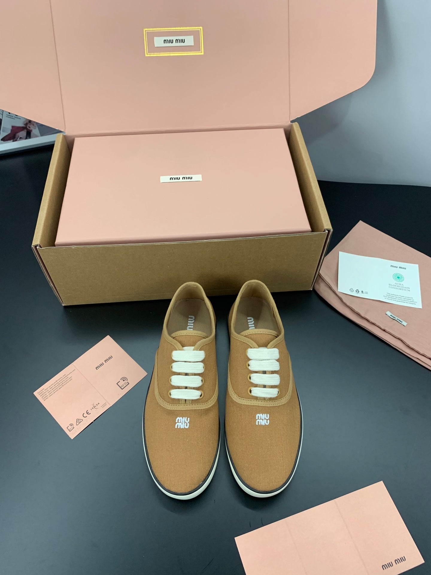 MIUMIU 26S LACE UP SNEAKERS IN CARAMEL BROWN CANVAS RUBBER SOLE