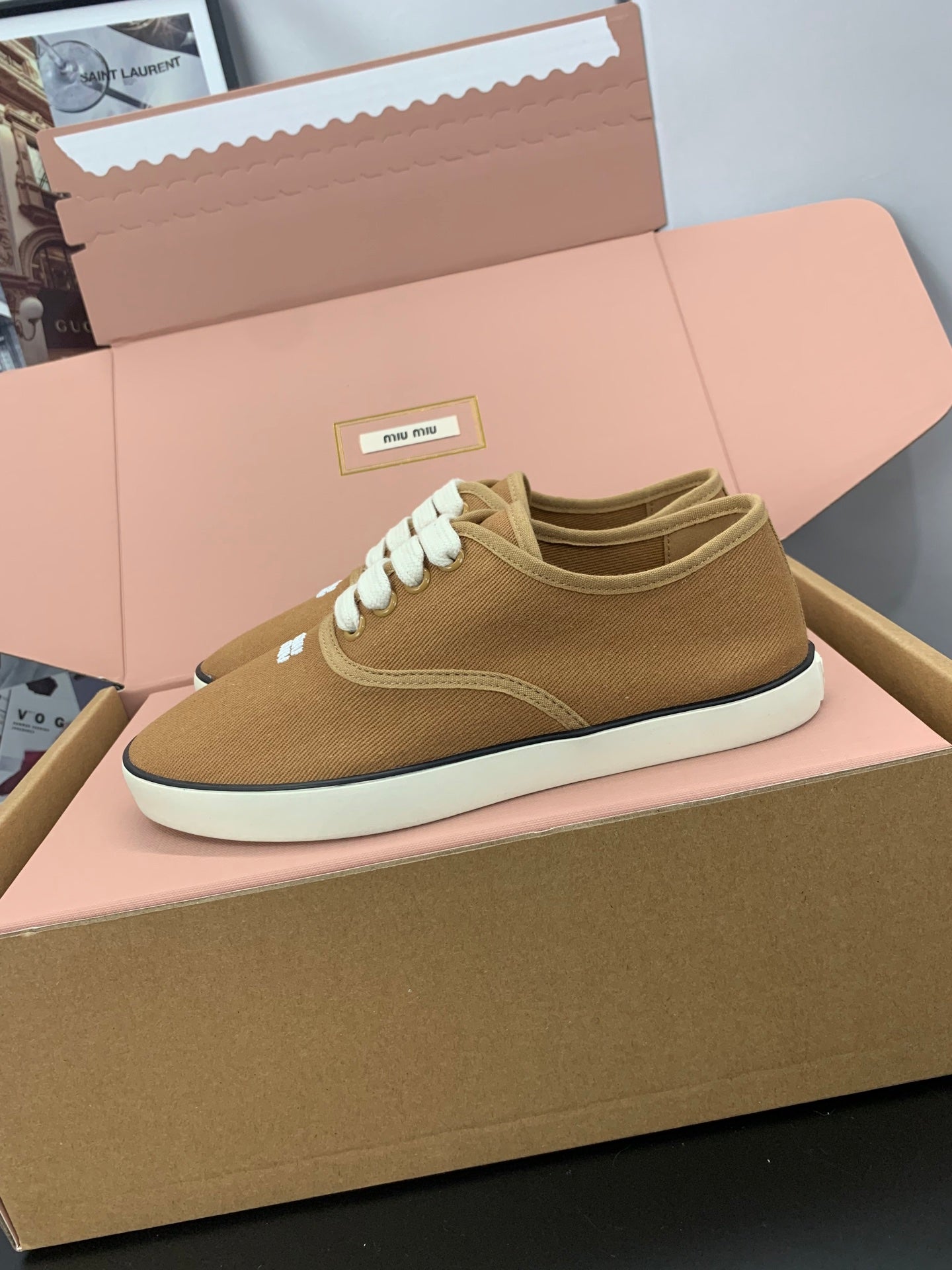 MIUMIU 26S LACE UP SNEAKERS IN CARAMEL BROWN CANVAS RUBBER SOLE