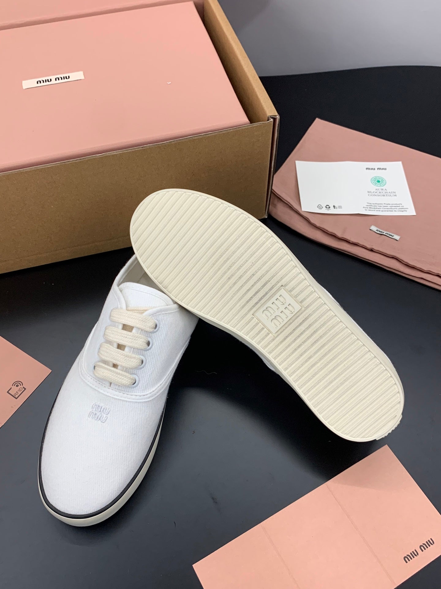 MIUMIU 26S LACE UP SNEAKERS IN WHITE CANVAS RUBBER SOLE