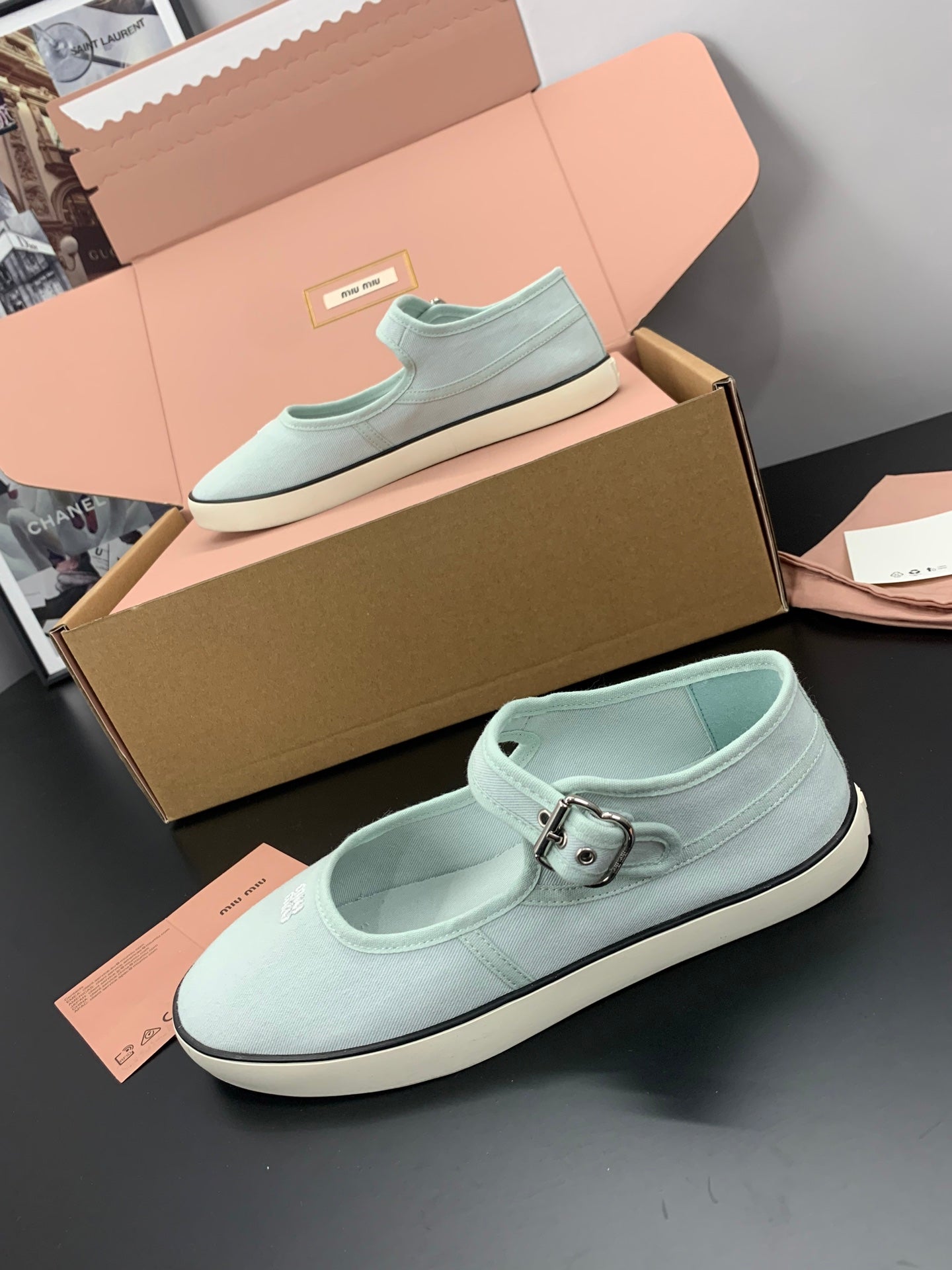 MIUMIU 26S MARY JANE FLATS IN PALE MINT CANVAS LOGO