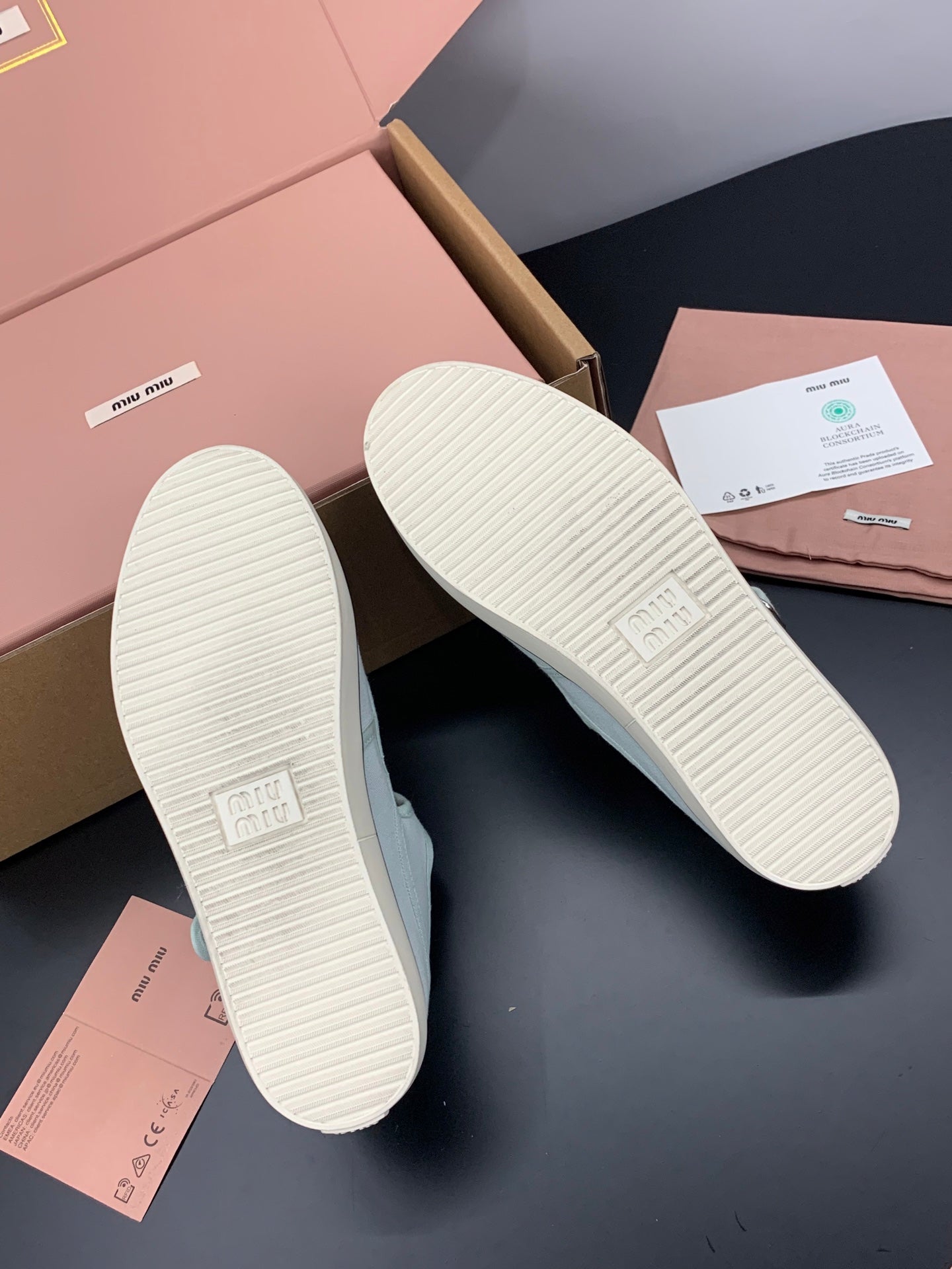 MIUMIU 26S MARY JANE FLATS IN PALE MINT CANVAS LOGO