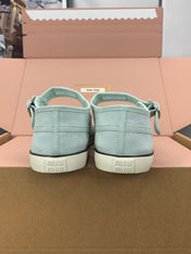MIUMIU 26S MARY JANE FLATS IN PALE MINT CANVAS LOGO