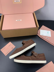 MIUMIU 26S MARY JANE FLATS IN DARK BROWN CANVAS LOGO