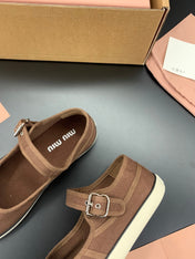 MIUMIU 26S MARY JANE FLATS IN DARK BROWN CANVAS LOGO