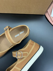 MIUMIU 26S MARY JANE FLATS IN CARAMEL BROWN CANVAS LOGO