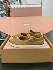 MIUMIU 26S MARY JANE FLATS IN CARAMEL BROWN CANVAS LOGO
