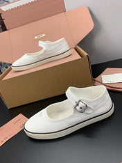 MIUMIU 26S MARY JANE FLATS IN WHITE CANVAS LOGO
