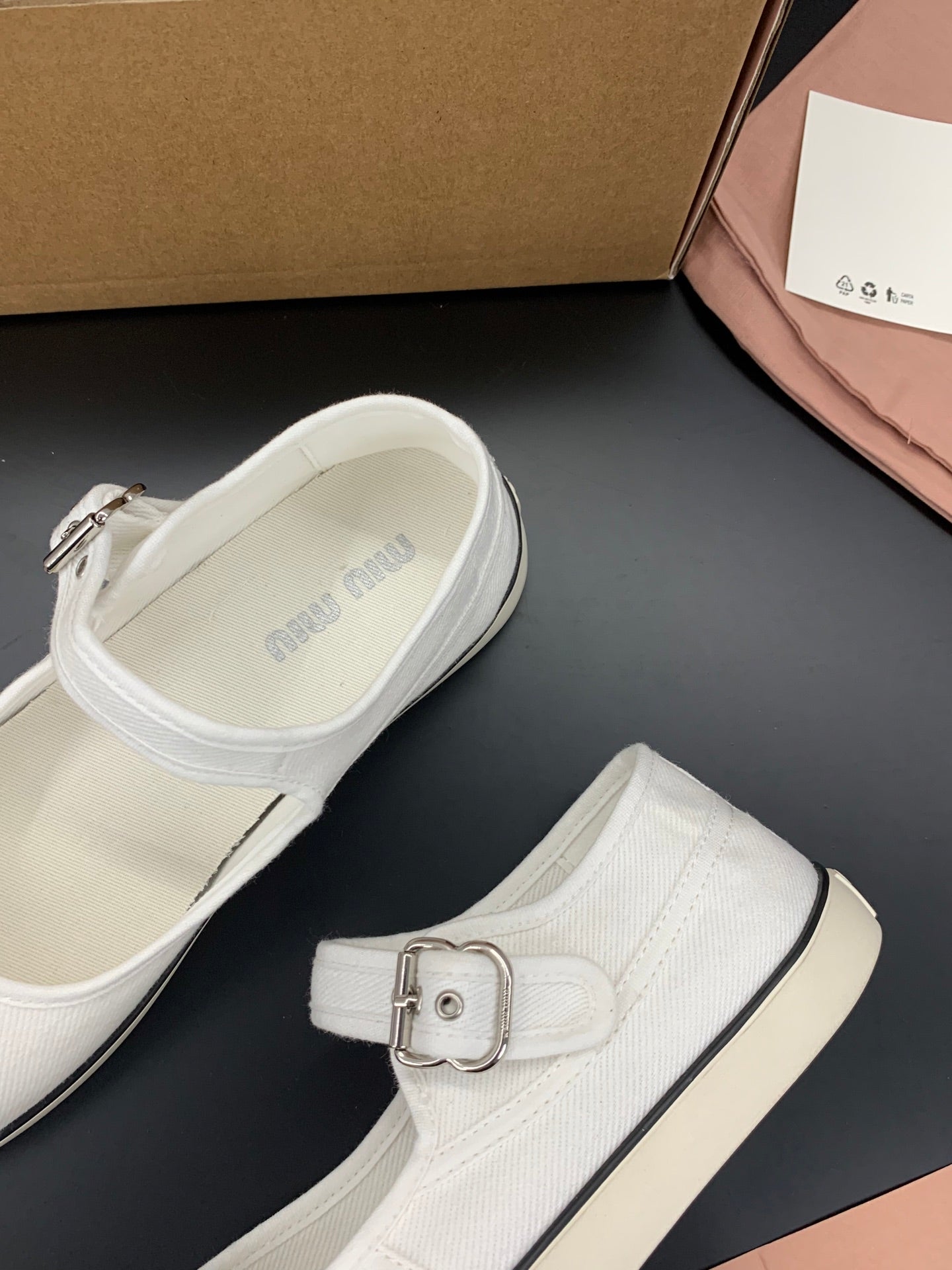 MIUMIU 26S MARY JANE FLATS IN WHITE CANVAS LOGO