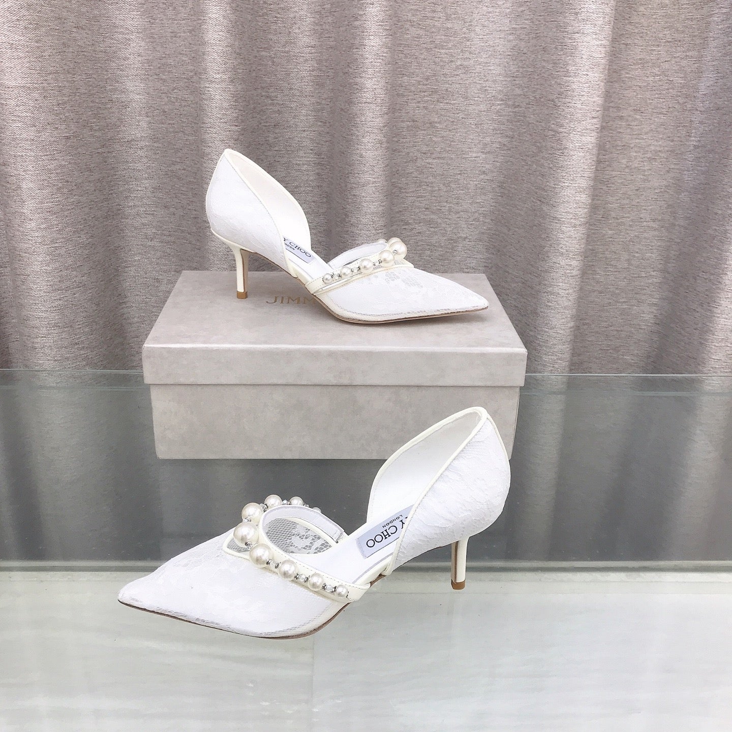 JIMMY CHOO 26S HIGH HEELS 65 MM IN WHITE LACE PEARL-EMBELLISHED
