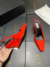 ALAIA 26S WEDGE SLINGBACKS 95 MM IN ORANGE RED SUEDE