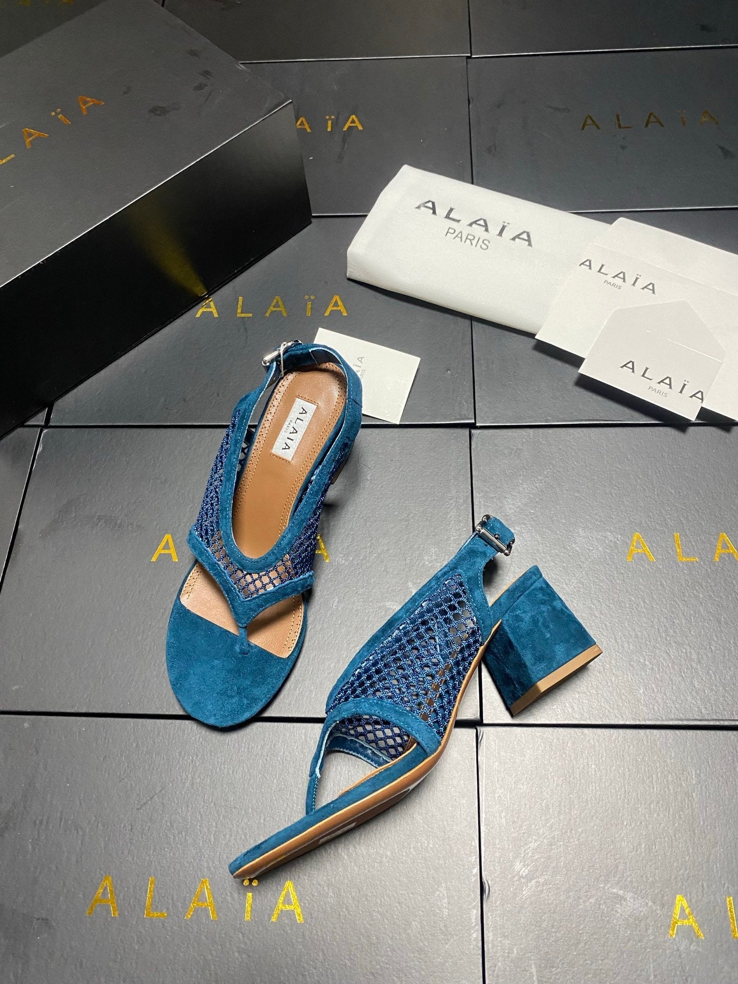 ALAIA 26S MESH THONG HEELS 55 MM IN PETROL BLUE SUEDE