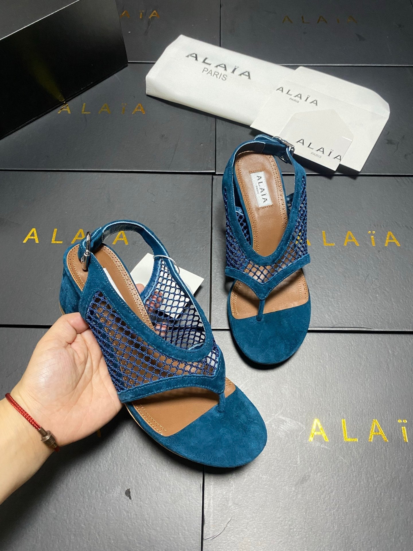 ALAIA 26S MESH THONG HEELS 55 MM IN PETROL BLUE SUEDE