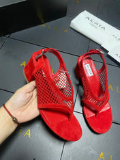 ALAIA 26S MESH THONG HEELS 55 MM IN RED SUEDE