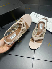 ALAIA 26S MESH THONG HEELS 55 MM IN BEIGE SUEDE