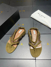 ALAIA 26S FLAT MESH THONG SANDALS MM IN MOSS GREEN SUEDE