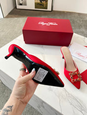 EFFLORESCENCE MULES IN RED SATIN