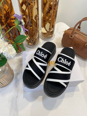 WOODY WEDGE SANDALS IN BLACK MIX WHITE CANVAS WITH RUBBER SOLE