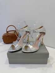 TOM FORD 26S HIGH HEEL SANDALS IN METALLIC SILVER SNAKESKIN CALFSKIN