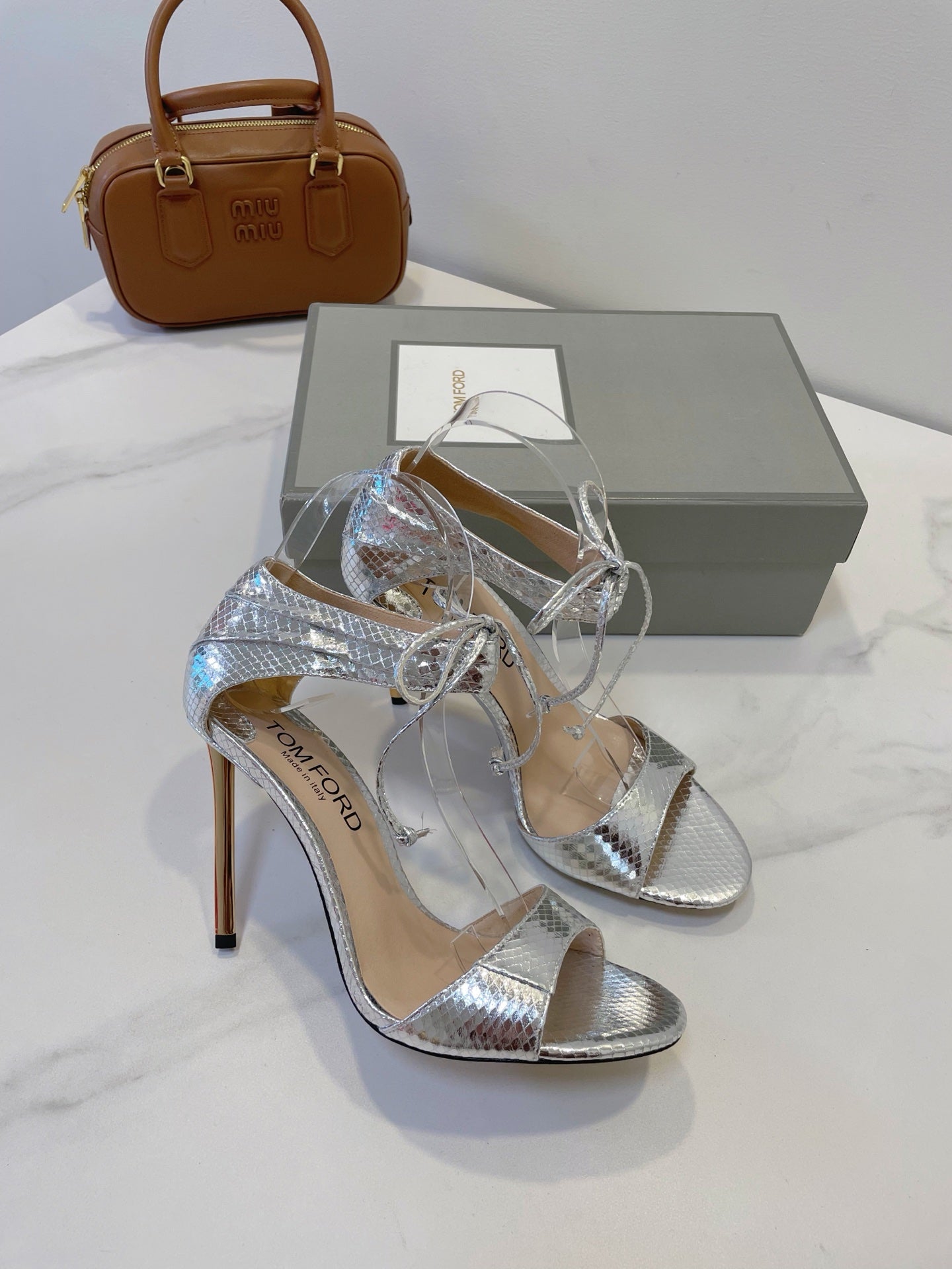 TOM FORD 26S HIGH HEEL SANDALS IN METALLIC SILVER SNAKESKIN CALFSKIN
