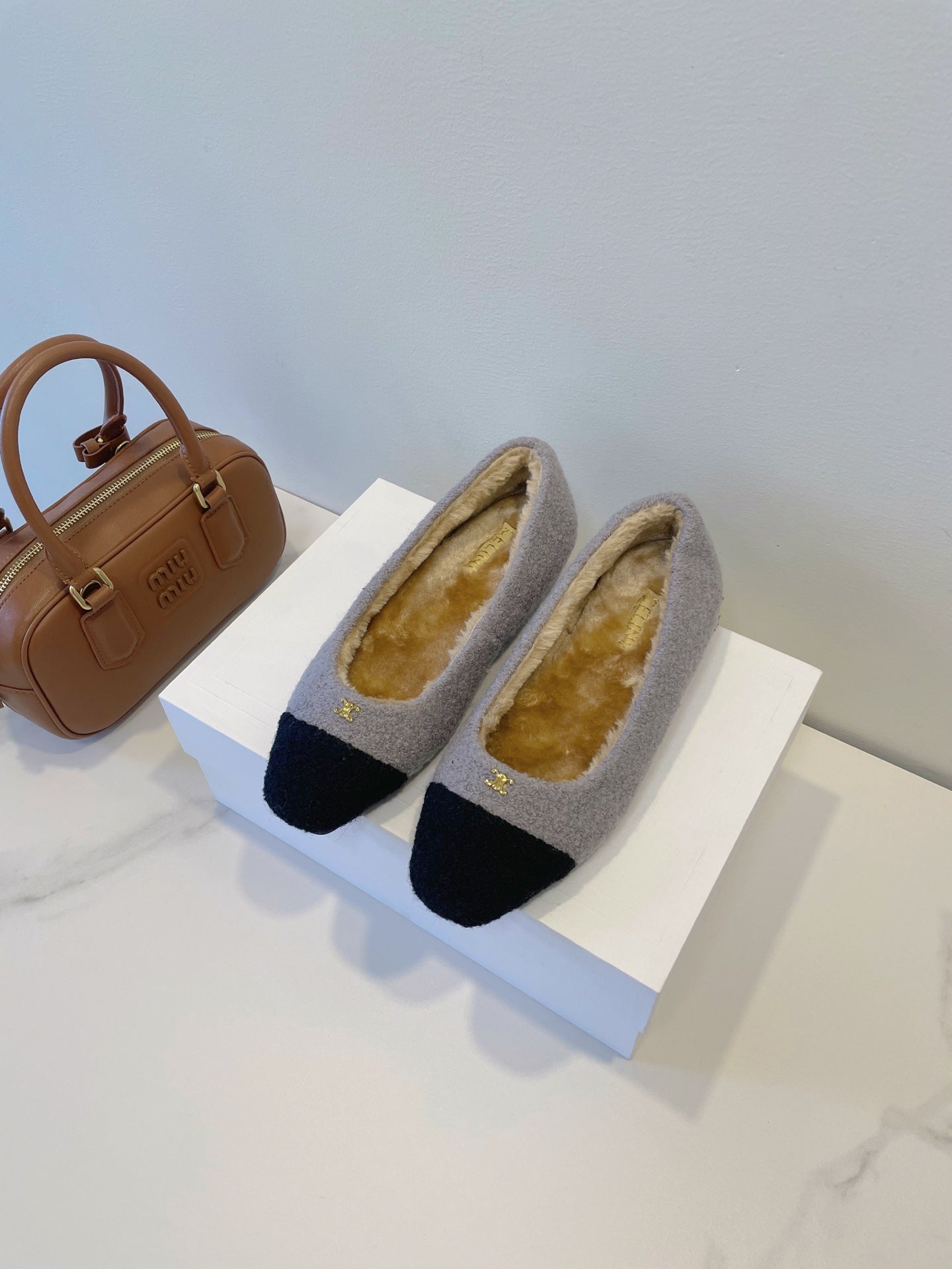 CELINE 26S FLAT SHOES IN GREY AND BLACK WOOL