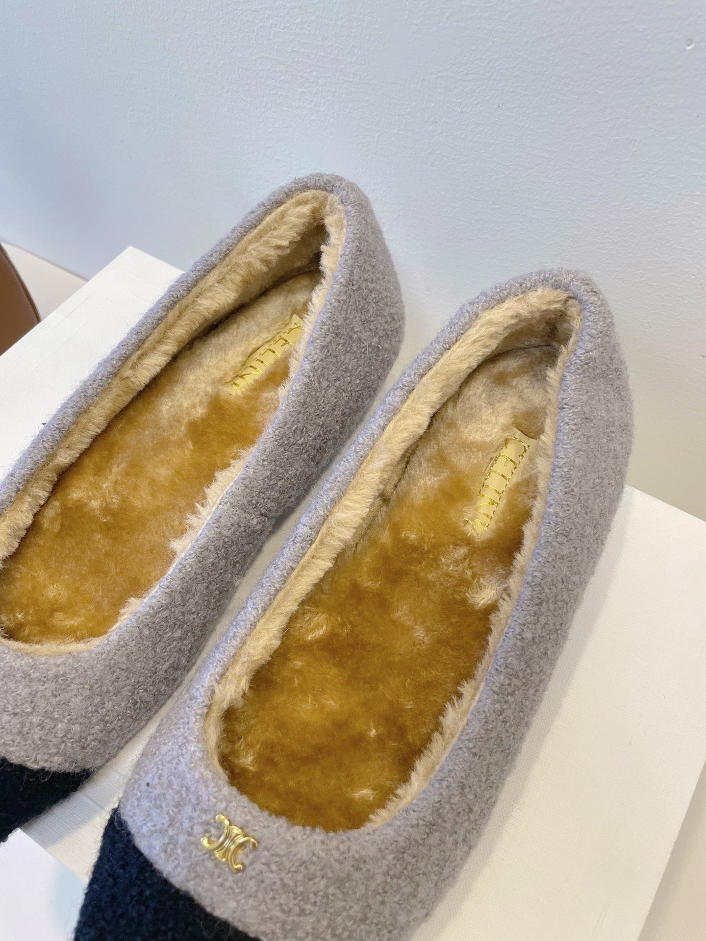 CELINE 26S FLAT SHOES IN GREY AND BLACK WOOL