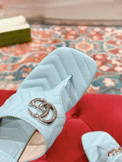 HIGH THONG MULE 55MM IN SKY BLUE CALFSKIN WITH GOLD HARDWARE