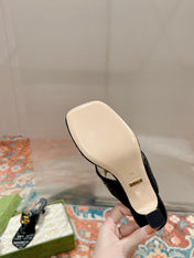 HIGH THONG MULE 55MM IN BLACK CALFSKIN WITH GOLD HARDWARE