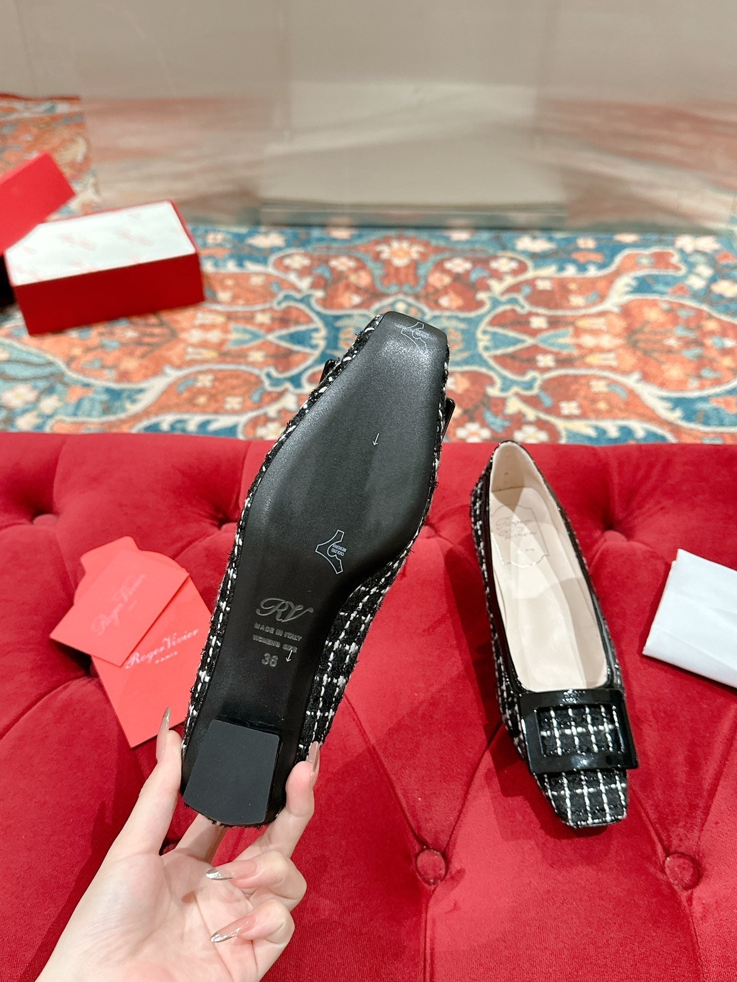 TROMPETTE BALLERINAS IN BLACK TWEED WITH WHITE STRIPES