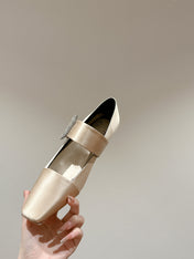 MARY JANES IN GOLD SATIN WITH CRYSTAL SQUARE BUCKLE