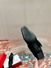 MARY JANES IN BLACK SATIN WITH CRYSTAL SQUARE BUCKLE