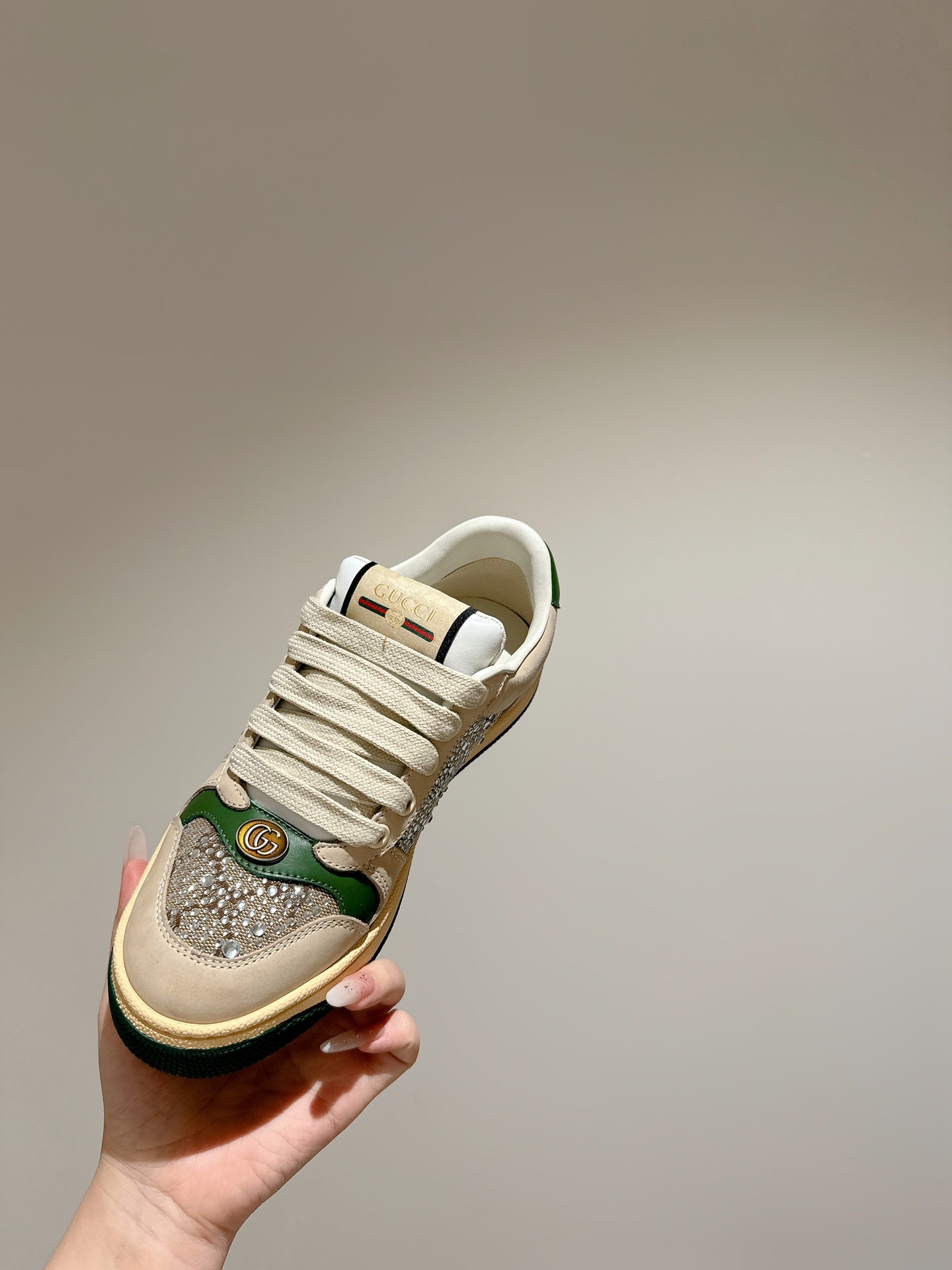 GUCCI 26S SCREENER SNEAKER IN BEIGE SUEDE MIX CANVAS