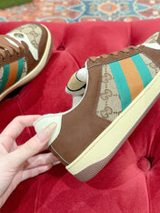 GUCCI 26S SCREENER SNEAKER IN BROWN SUEDE AND BEIGE CANVAS