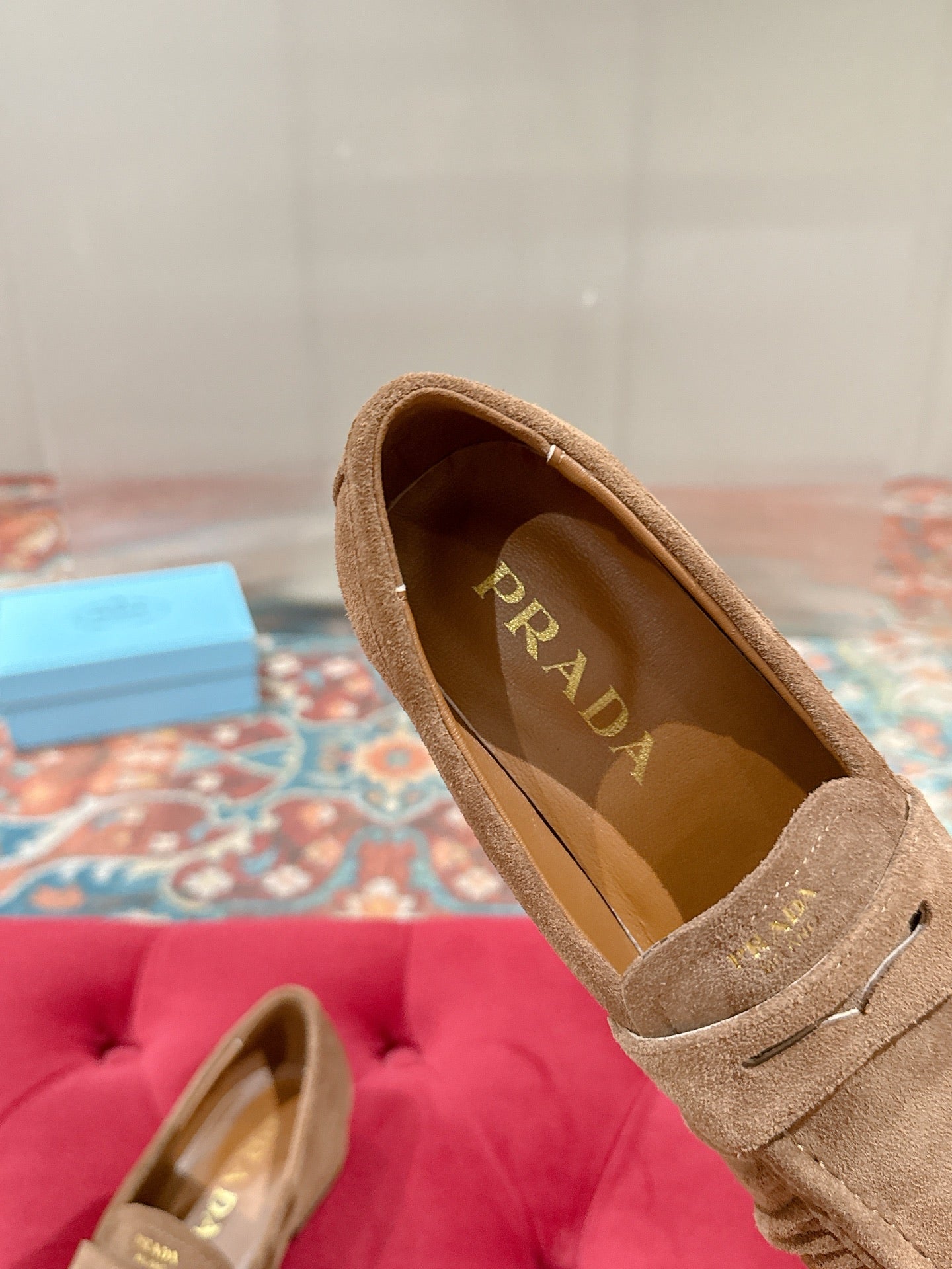 PRADA 26S LOAFERS 25MM IN CARAMEL BROWN SUEDE