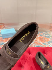 PRADA 26S LOAFERS 25MM IN CHOCOLATE BROWN SUEDE