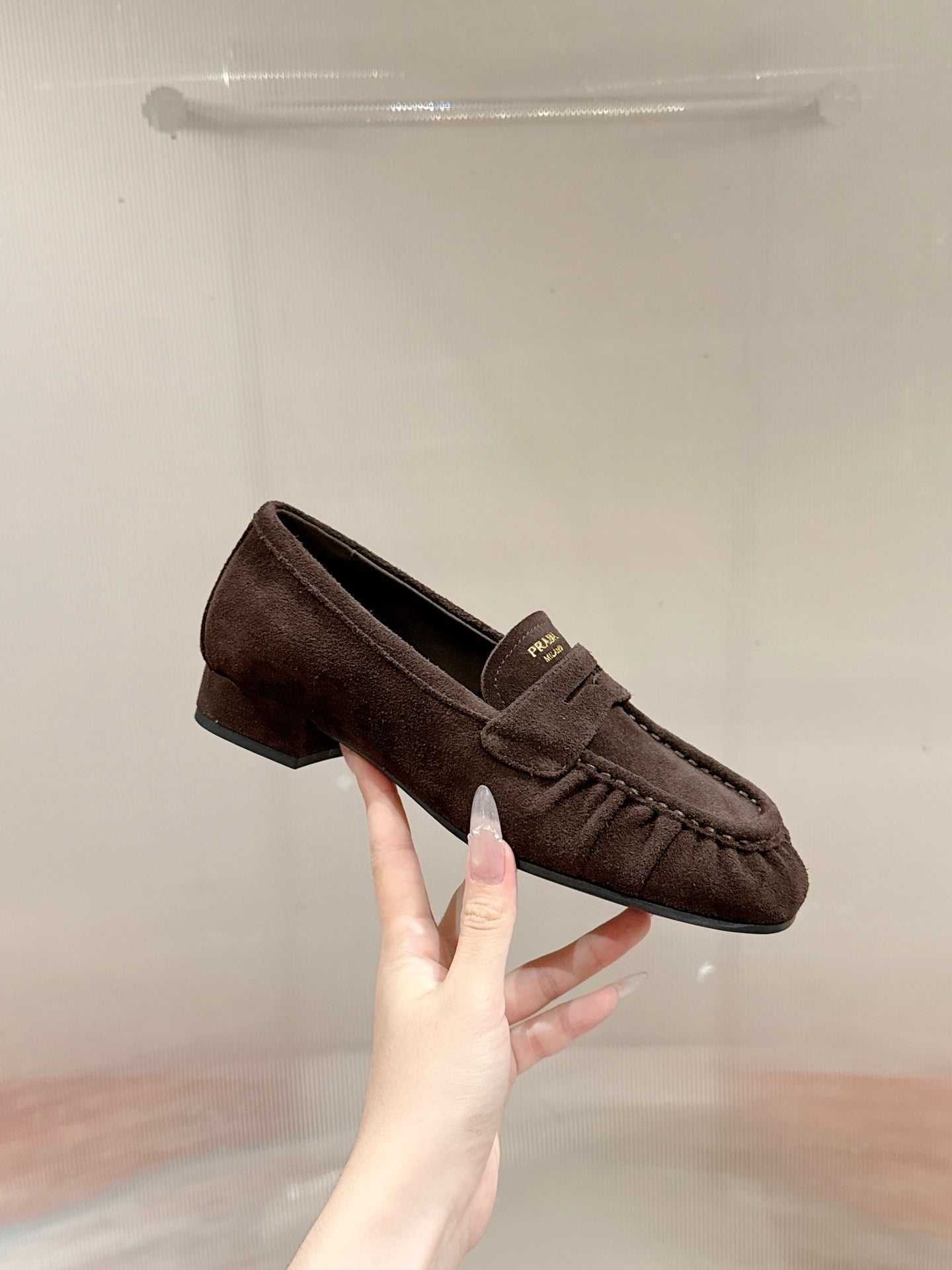 PRADA 26S LOAFERS 25MM IN CHOCOLATE BROWN SUEDE