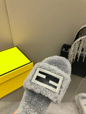 FENDI BAGUETTE SLIDE SLIPPERS IN GREY WOOL