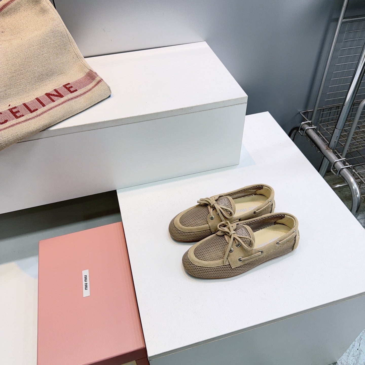 MIUMIU 26S BOAT SHOES IN BROWN MESH AND SUEDE