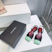 CHANEL 26S FLAT SLINGBACK IN BLACK LAMBSKIN WITH MINT GREEN CAP TOE