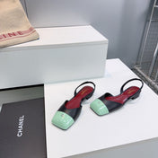 CHANEL 26S FLAT SLINGBACK IN BLACK LAMBSKIN WITH MINT GREEN CAP TOE