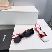 CHANEL 26S FLAT SLINGBACK IN RED GLOSSY LAMBSKIN WITH WHITE CAP TOE