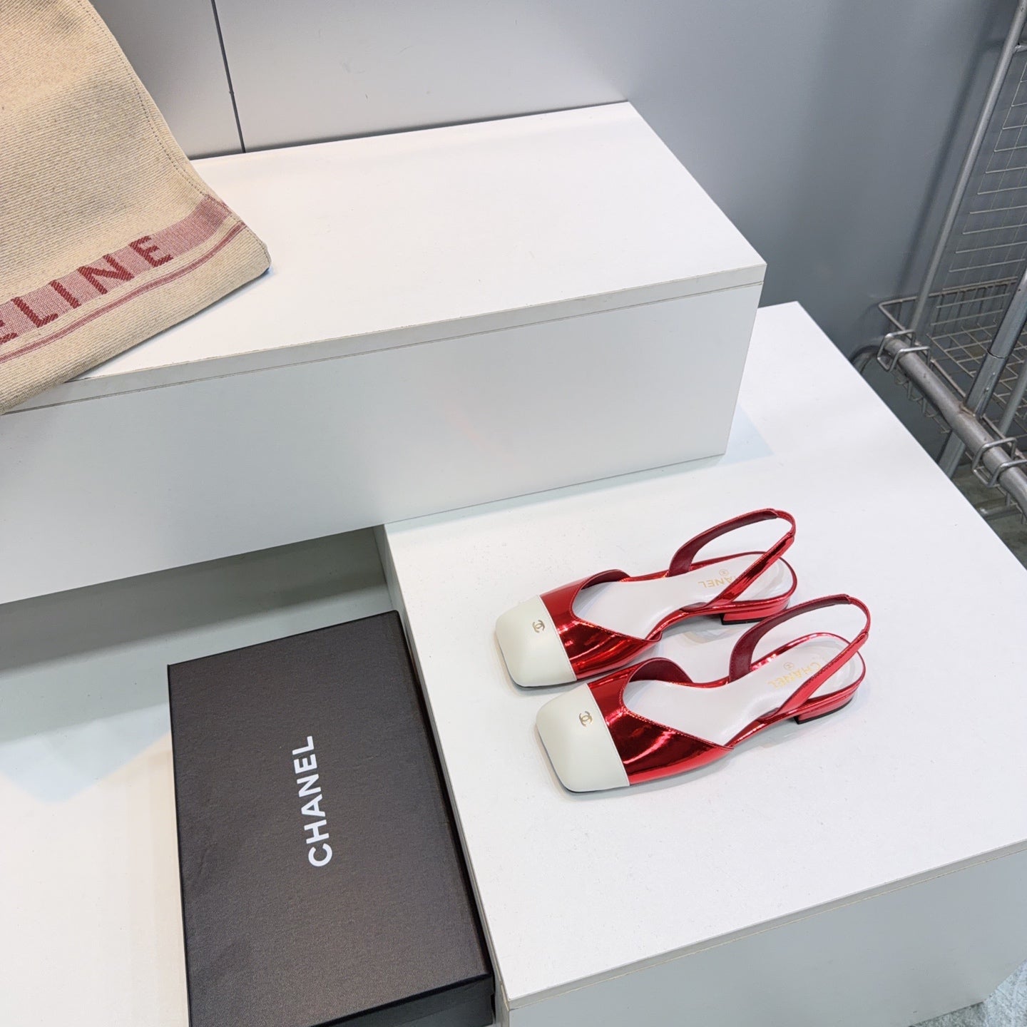 CHANEL 26S FLAT SLINGBACK IN RED GLOSSY LAMBSKIN WITH WHITE CAP TOE