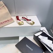 CHANEL 26S FLAT SLINGBACK IN WHITE LAMBSKIN WITH GOLD CAP TOE
