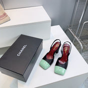 CHANEL 26S SLINGBACK 95 MM IN BLACK LAMBSKIN WITH MINT GREEN CAP TOE