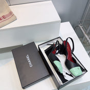 CHANEL 26S SLINGBACK 95 MM IN BLACK LAMBSKIN WITH MINT GREEN CAP TOE