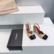 CHANEL 26S SLINGBACK 95 MM IN BEIGE LAMBSKIN WITH BLACK CAP TOE