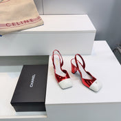 CHANEL 26S SLINGBACK 95 MM IN RED GLOSSY LAMBSKIN WITH WHITE CAP TOE