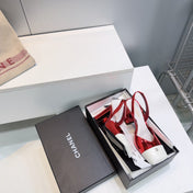 CHANEL 26S SLINGBACK 95 MM IN RED GLOSSY LAMBSKIN WITH WHITE CAP TOE