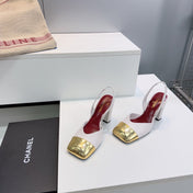 CHANEL 26S SLINGBACK 95 MM IN WHITE LAMBSKIN WITH GOLD CAP TOE