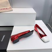 CHANEL 26S FLATS IN RED GLOSSY LAMBSKIN WITH WHITE CAP TOE